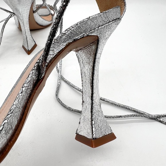 SCHUTZ Bellin Heels Womens 6 Silver Metallic Jeweled Ankle Wrap Strappy Sandal - Picture 11 of 14